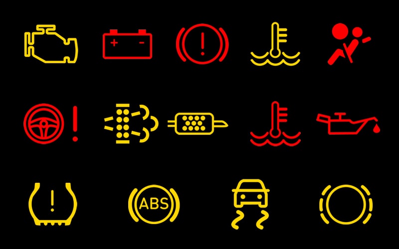 Vehicle warning light icons — engine, battery, ABS, tyre pressure and more